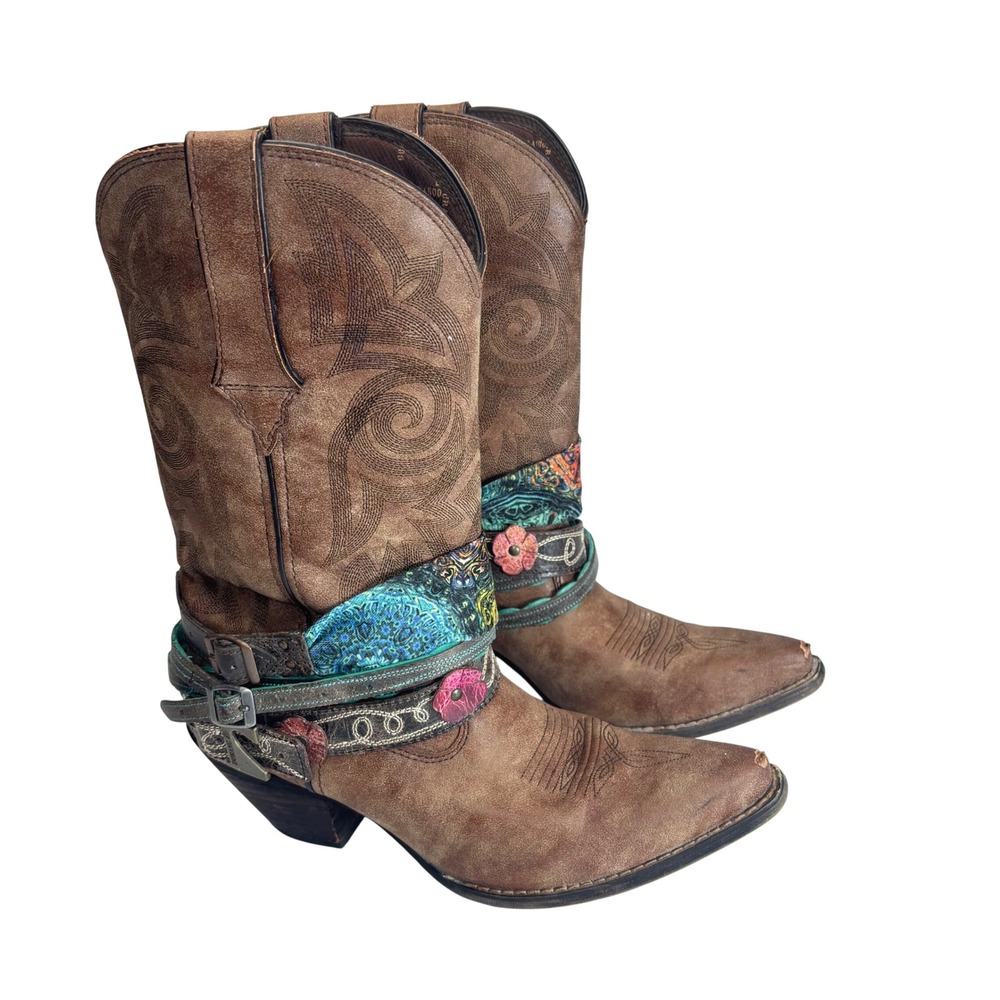 Durango Cowboy Boots Womens 9 Wide Calf Brown Floral Paisley Boho Festival Gypsy